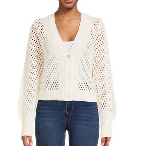 No Boundaries Cropped Mesh Knit Sweater Cardigan Cream Juniors Small